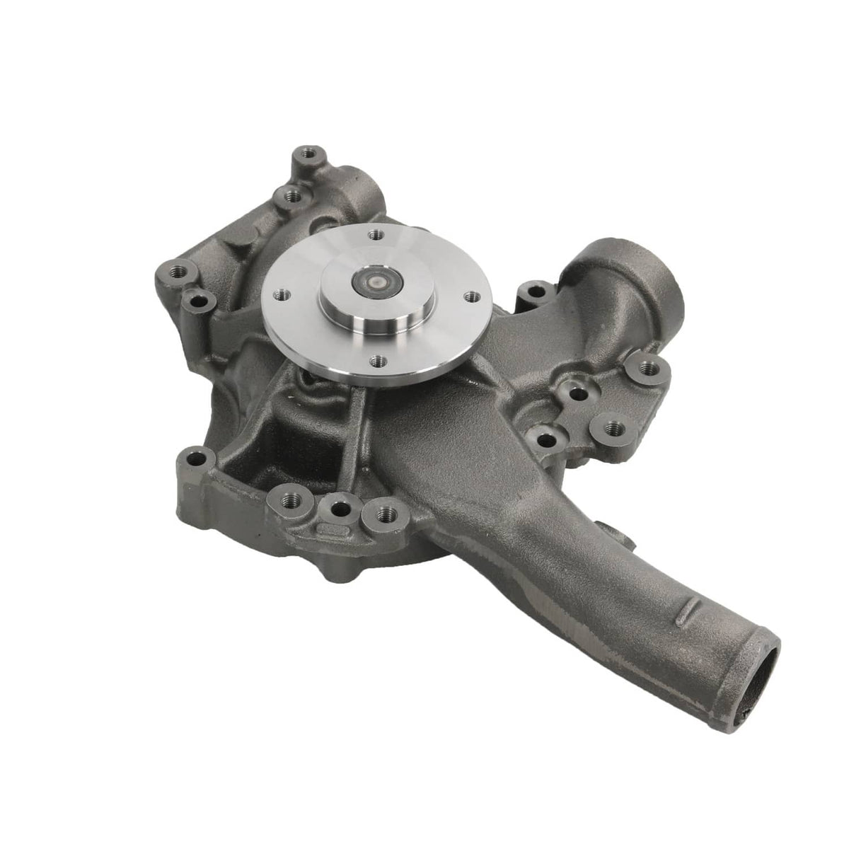 Engine water pump assembly, dark gray cast housing with silver impeller face