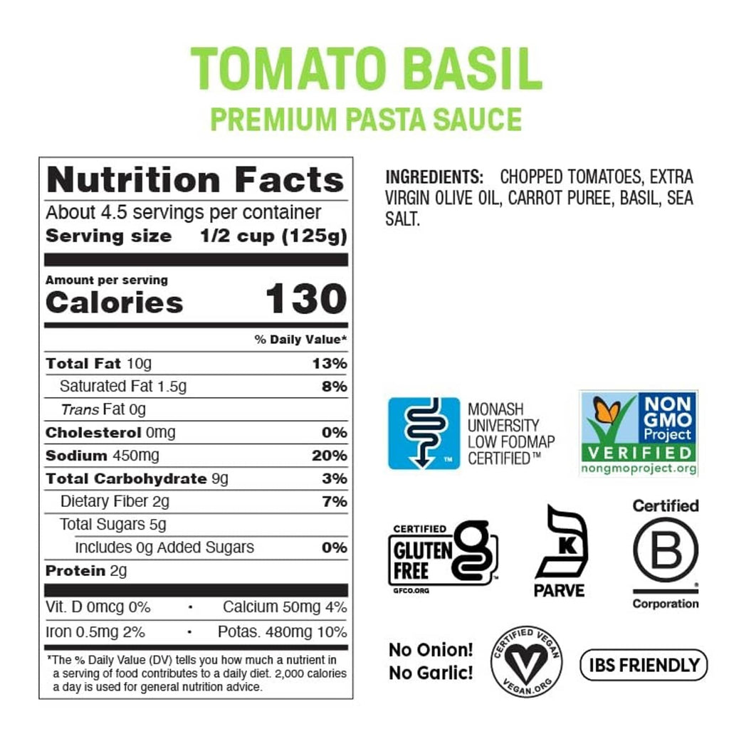 Tomato basil pasta sauce label with nutrition facts and ingredient list