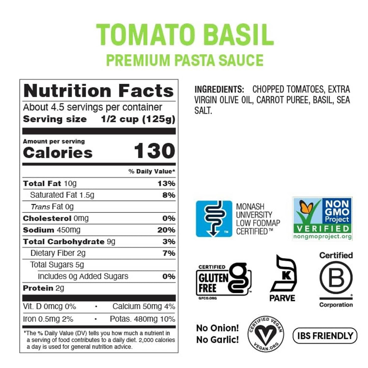 Tomato basil pasta sauce label with nutrition facts and ingredient list