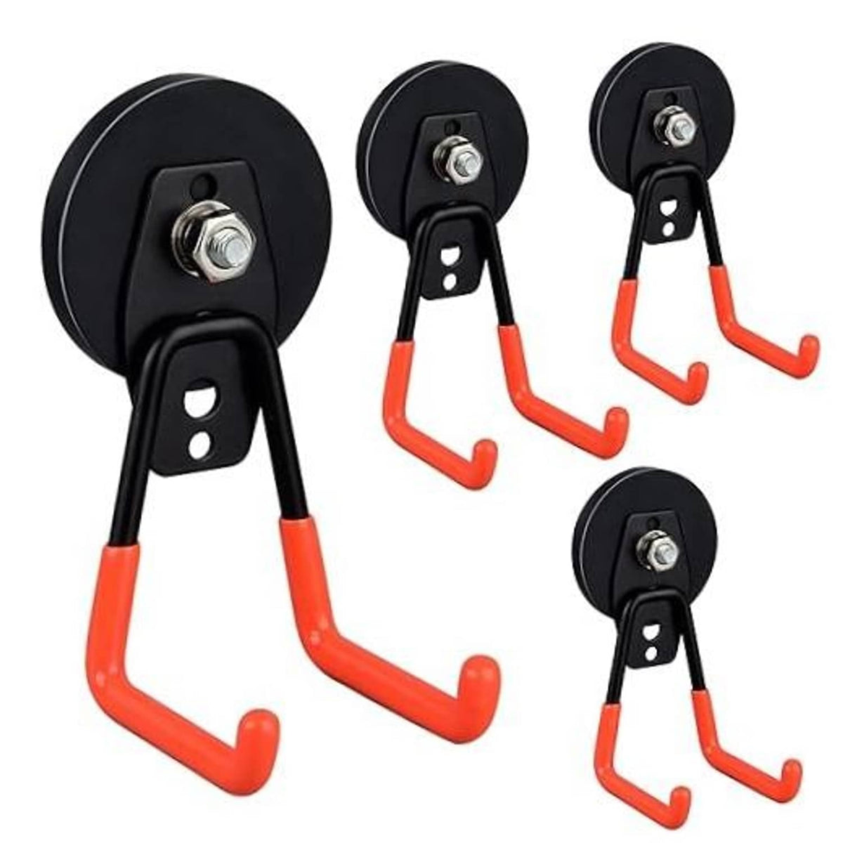 Four orange-and-black magnetic garage hooks, black circular bases with metal mounting bolts