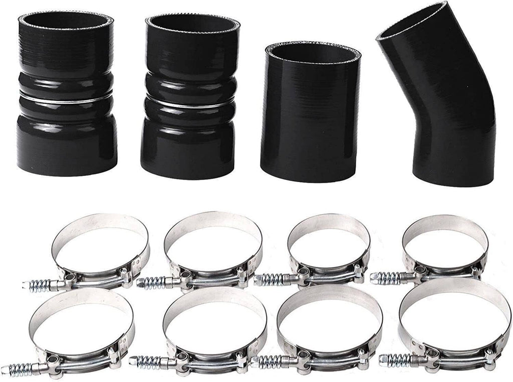 Black hose couplers paired with stainless steel clamp rings and screw hardware