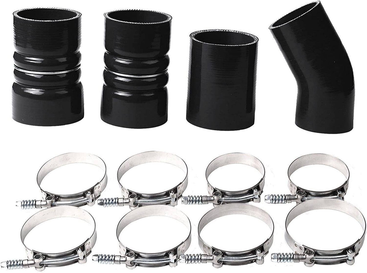 Black hose couplers paired with stainless steel clamp rings and screw hardware