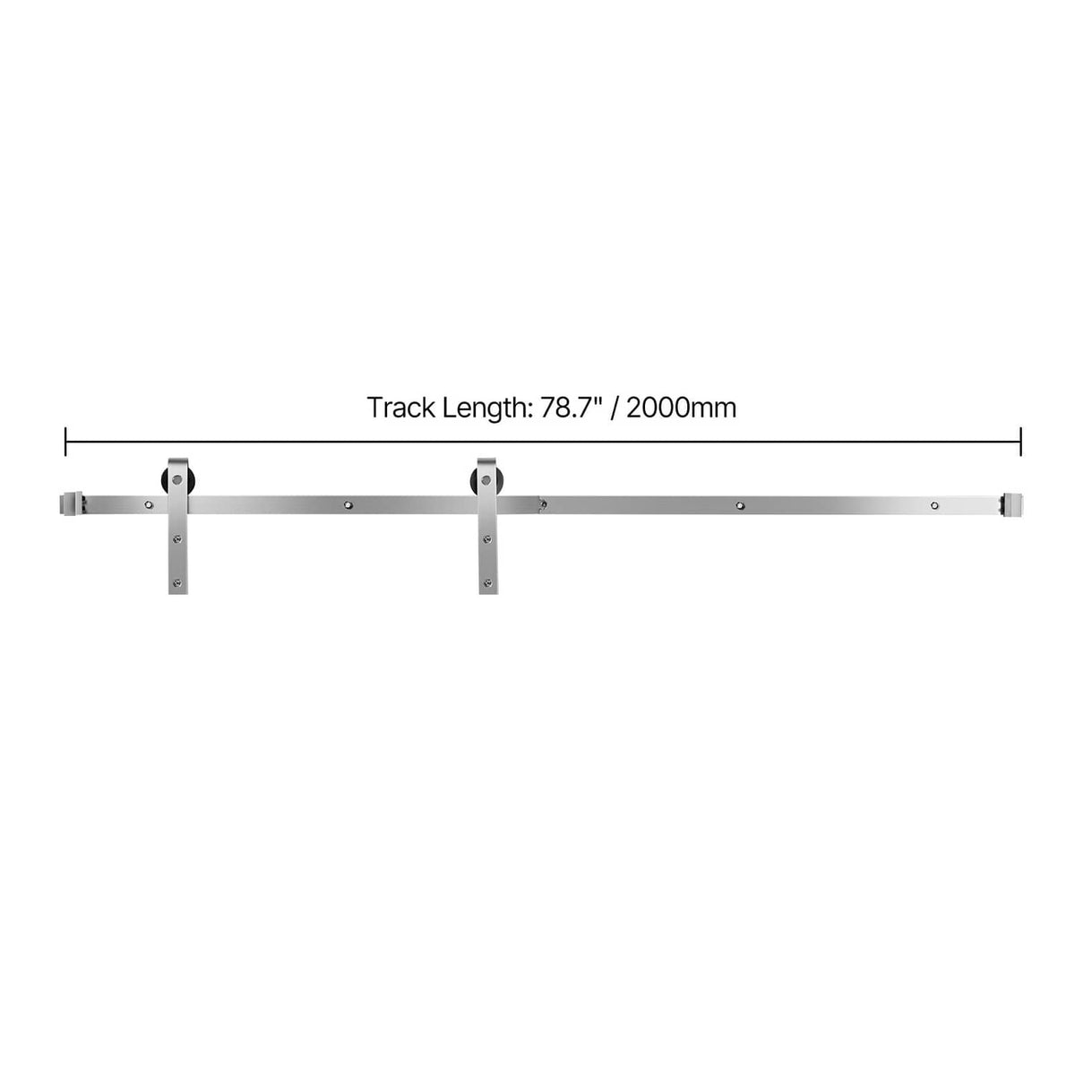 Silver metal door track with two mounting brackets and end stops