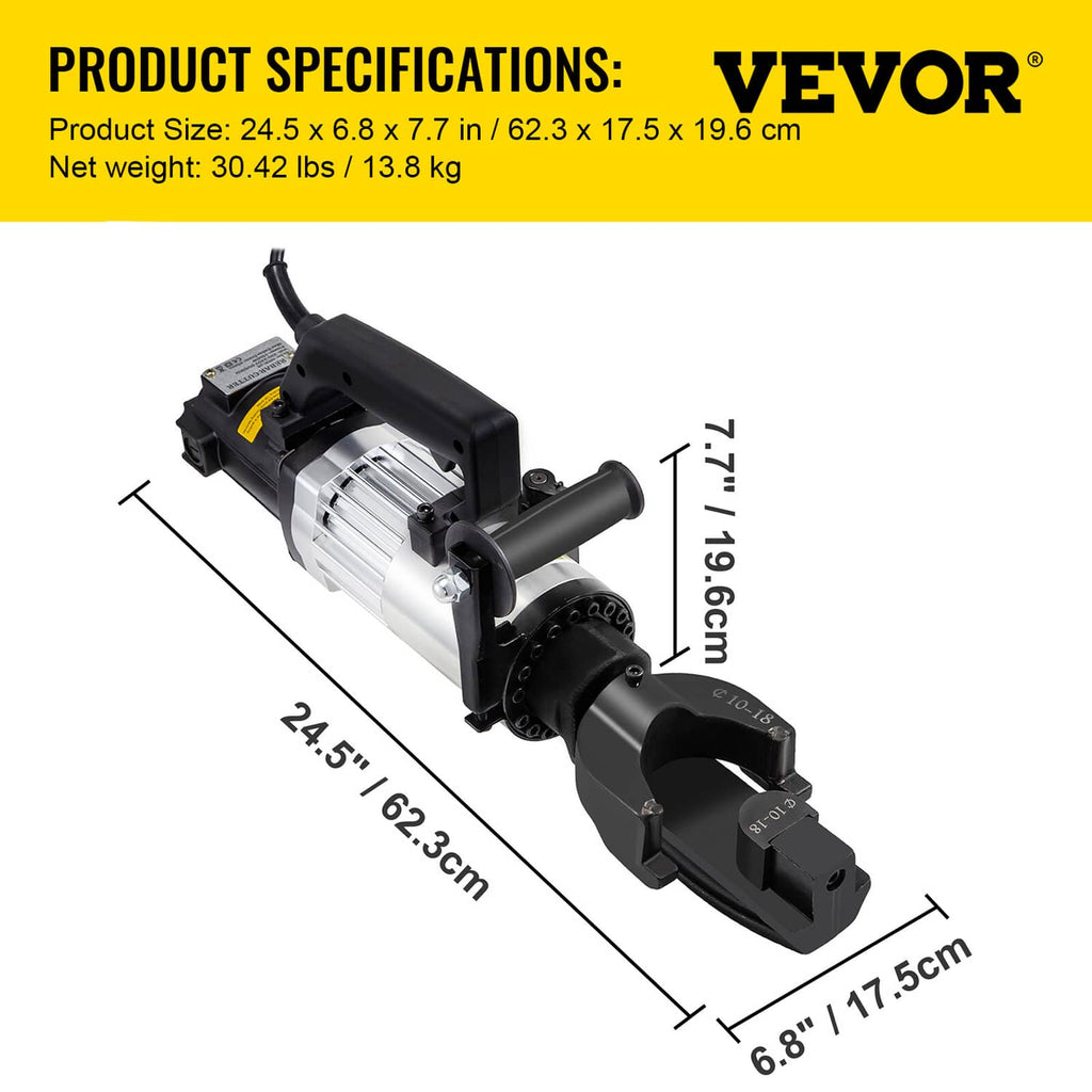 Electric rebar bender with dimensions diagram, black handle and silver metal housing