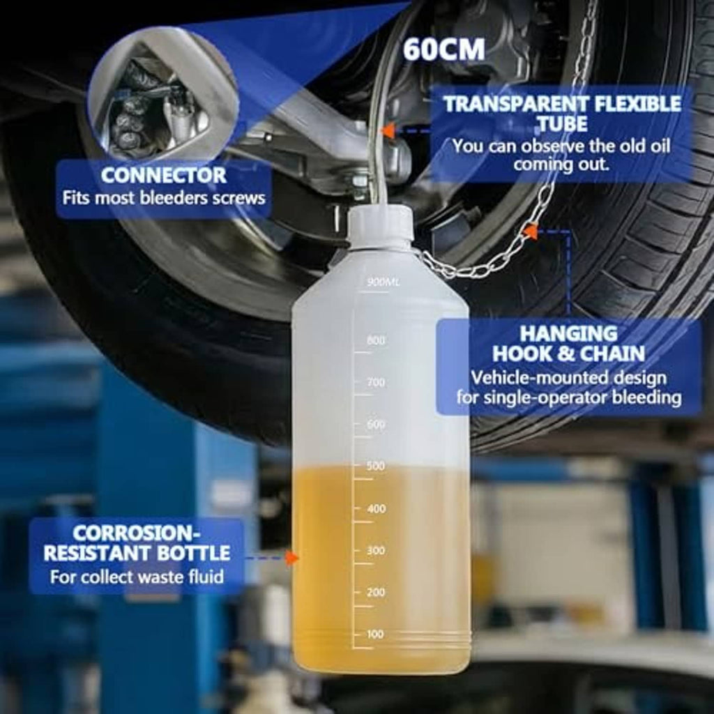 Brake bleeder kit with hanging bottle, connector, and transparent flexible tube