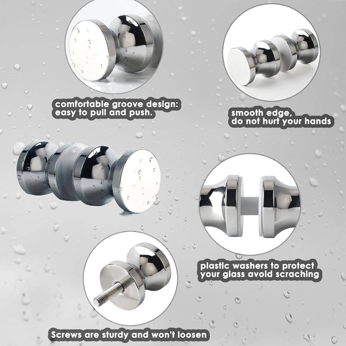 Polished chrome shower glass door handle with smooth rounded edges and grip knobs
