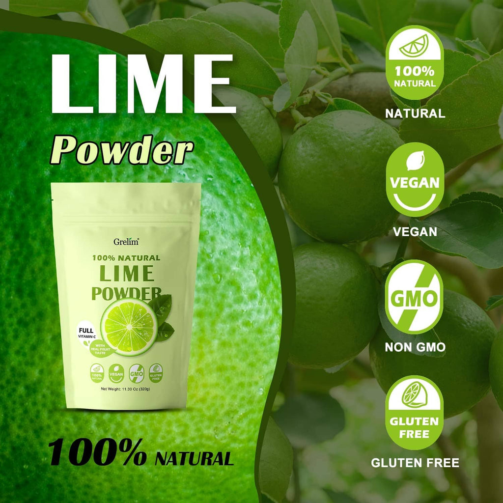 Lime powder pouch with green lime background and vegan, GMO, gluten-free icons