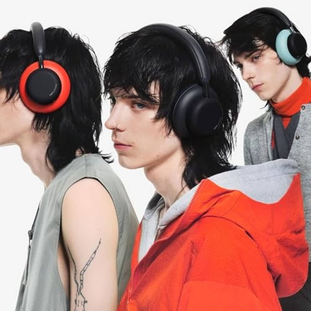 Over-ear wireless headphones on people, black padded ear cups and headband