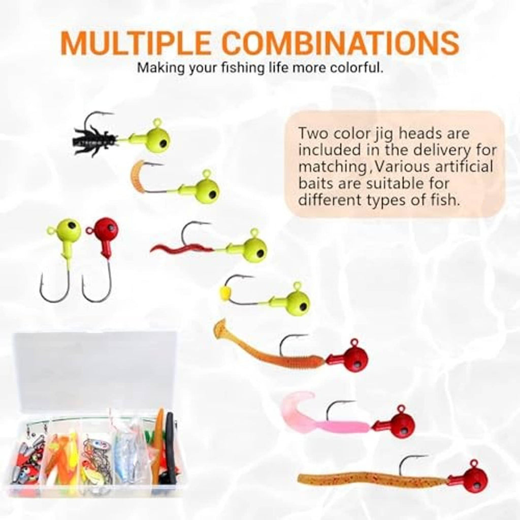 Assorted jig head lures with soft bait grubs and hooks, plus open tackle box