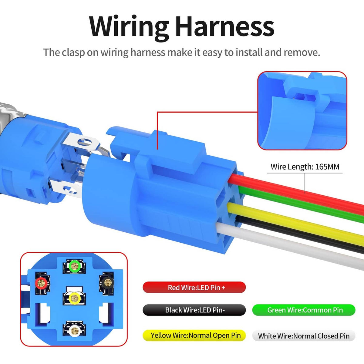 Blue horn button switch wiring harness with push-button connector and colored leads