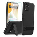 Black phone case with clear glass screen cover and fold-out kickstand, for phone protection