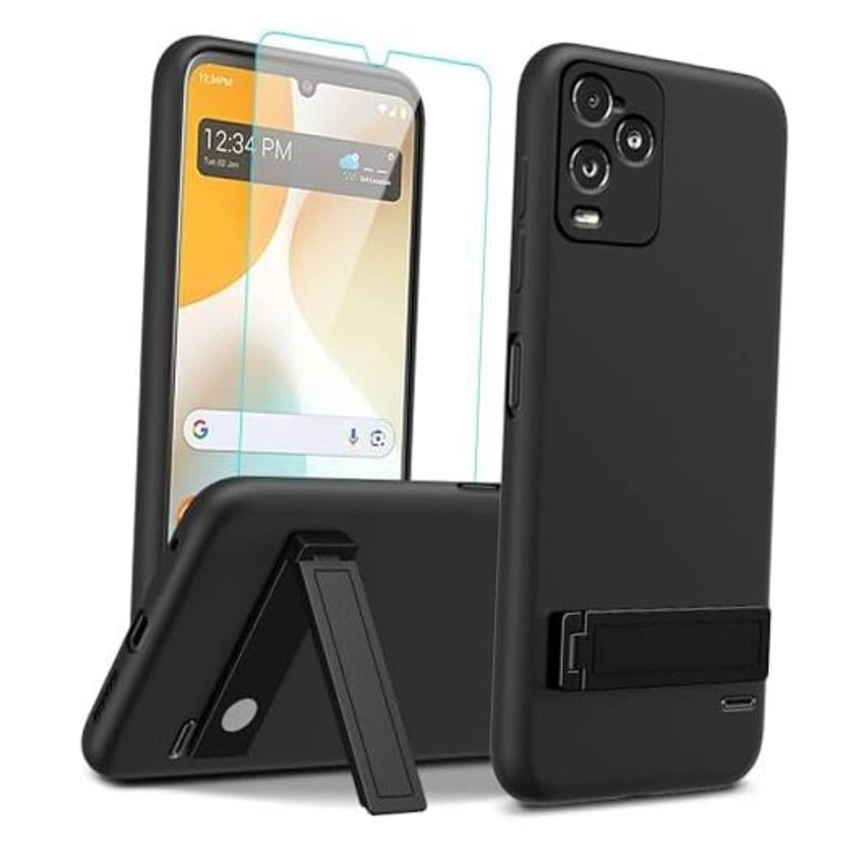 Black phone case with clear glass screen cover and fold-out kickstand, for phone protection