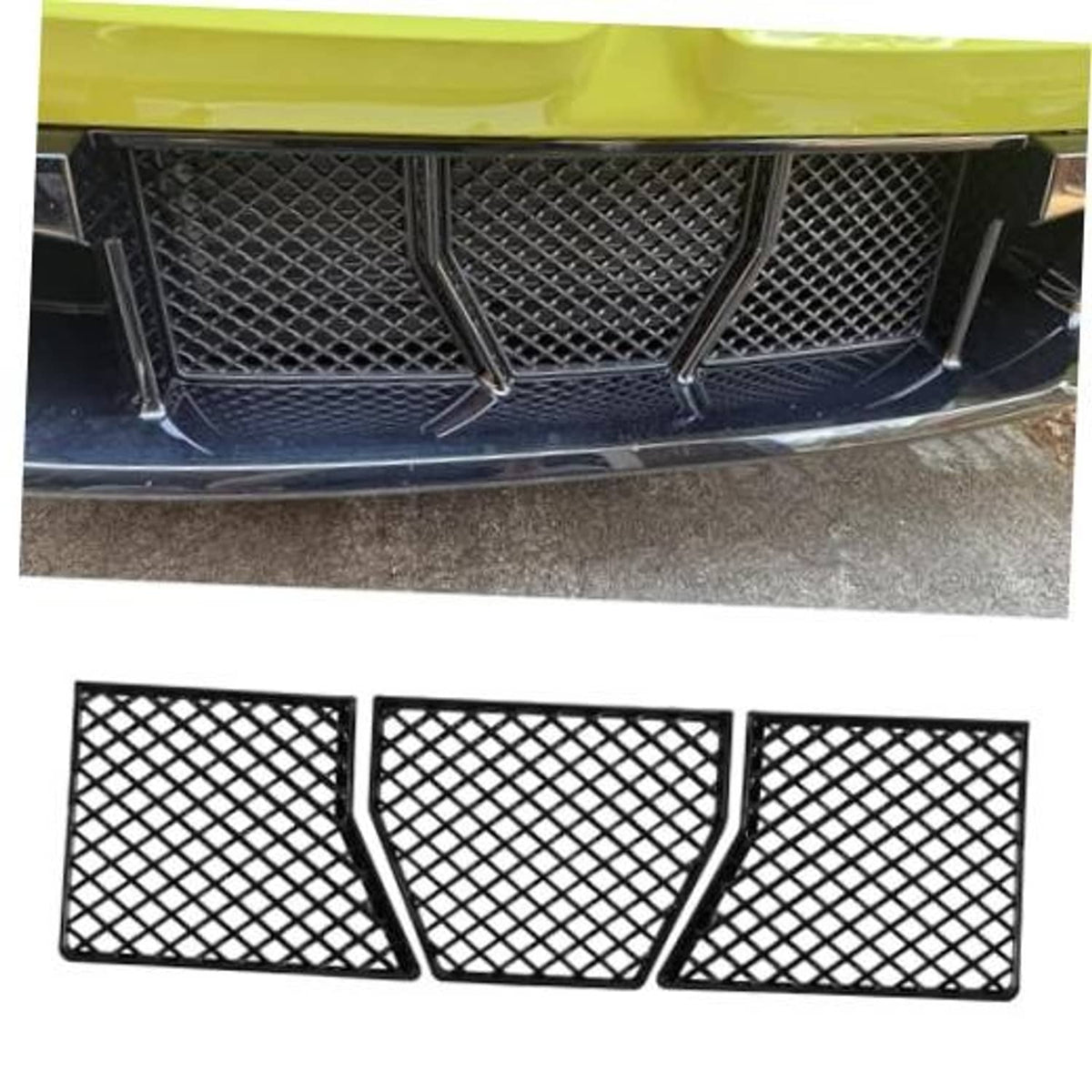 Front bumper mesh grille inserts set on a car, three-piece black diamond-pattern panels