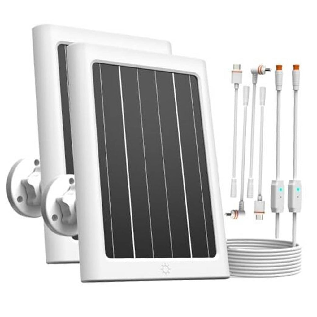 Two white 5W solar panels for outdoor security cameras with attached mounting bracket