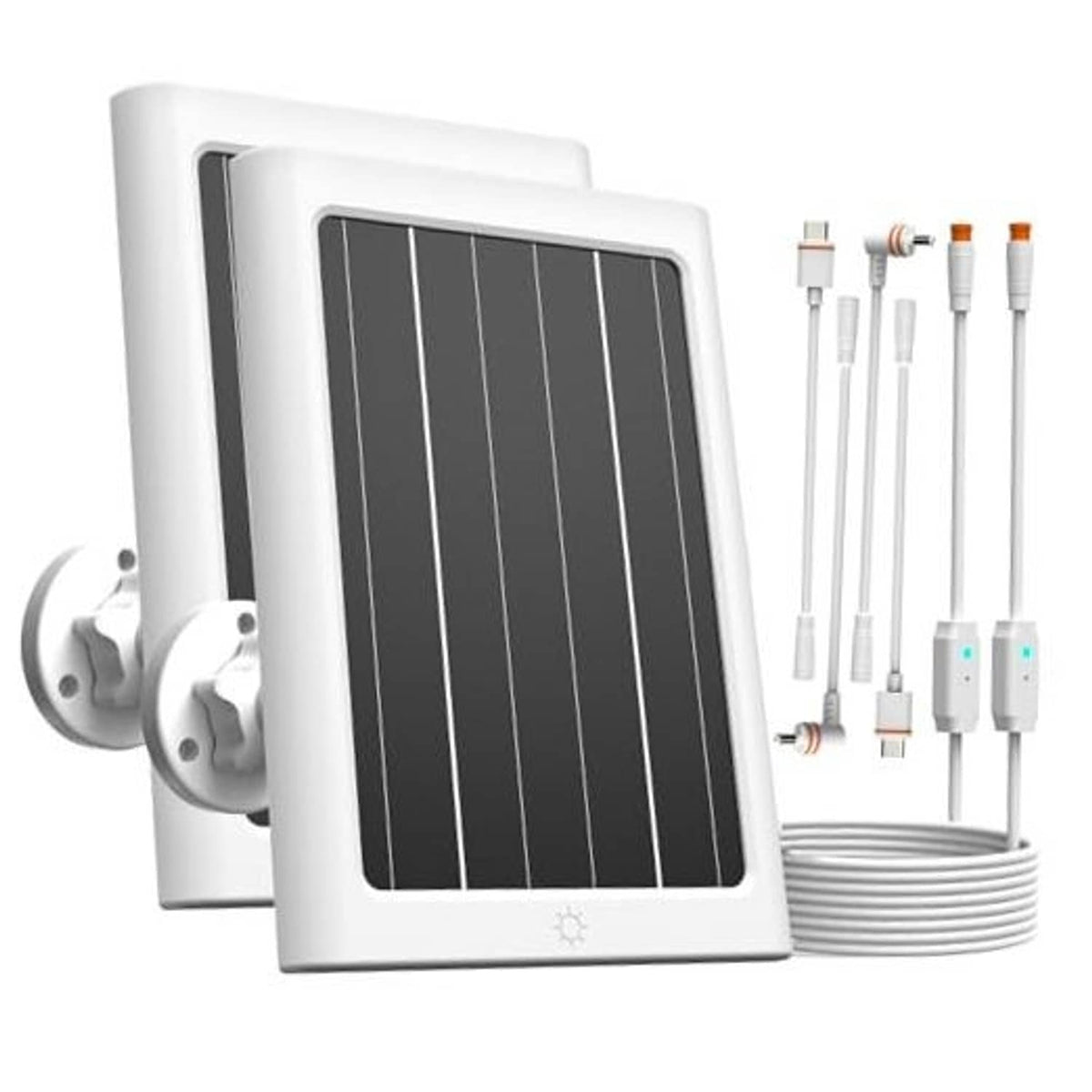 Two white 5W solar panels for outdoor security cameras with attached mounting bracket