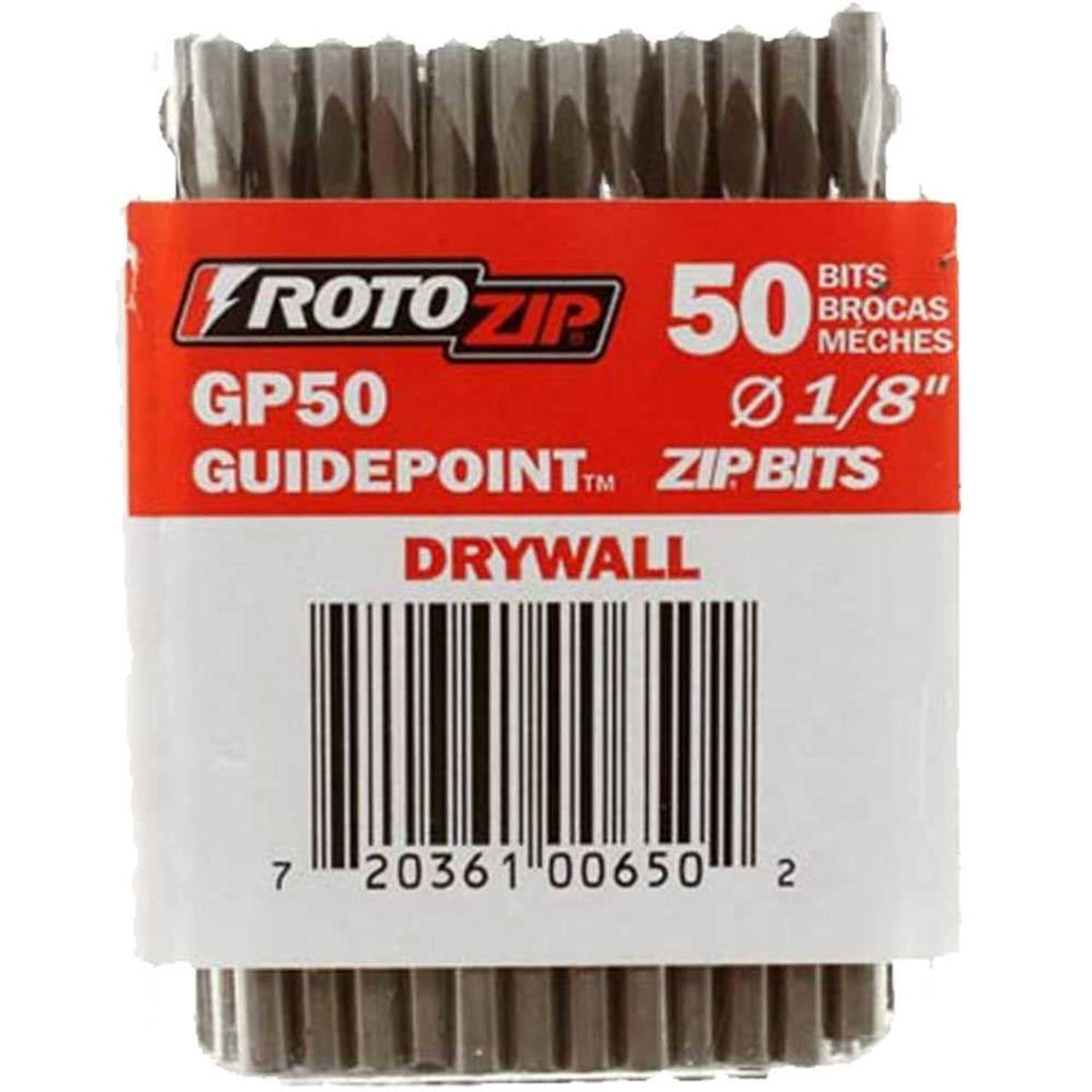 Drywall 50-pack bit box with barcode area and GP50 guidepoint 1/8-inch ZIP bits