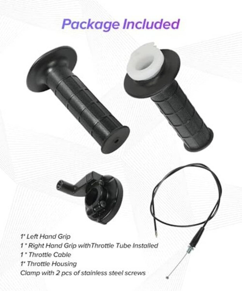 Throttle kit parts: left and right grips, throttle housing, and throttle cable with wire