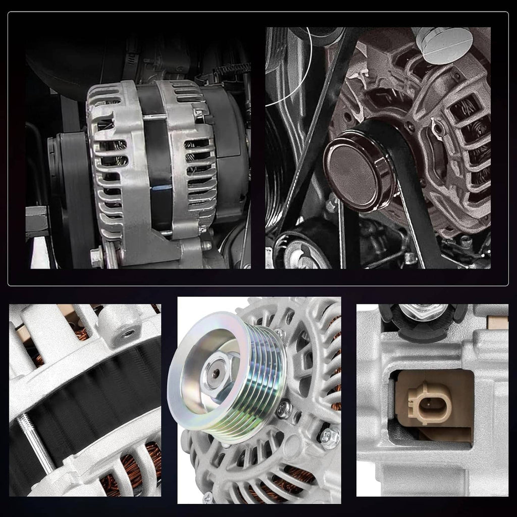 Alternator close-ups of pulley, rotor, and electrical connector