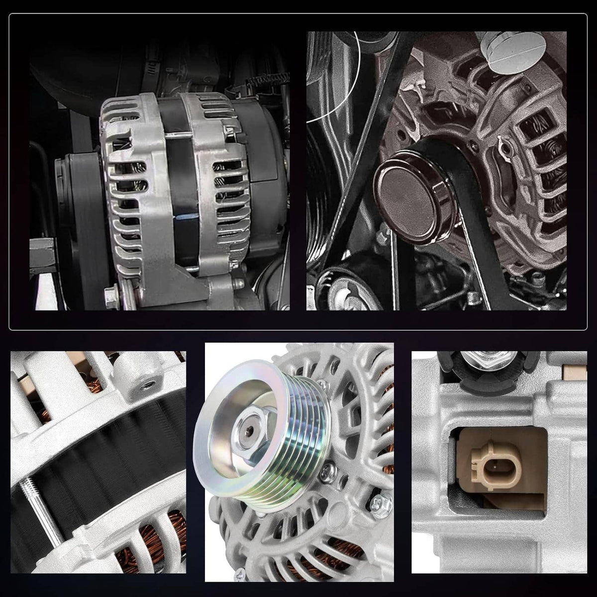 Alternator close-ups of pulley, rotor, and electrical connector