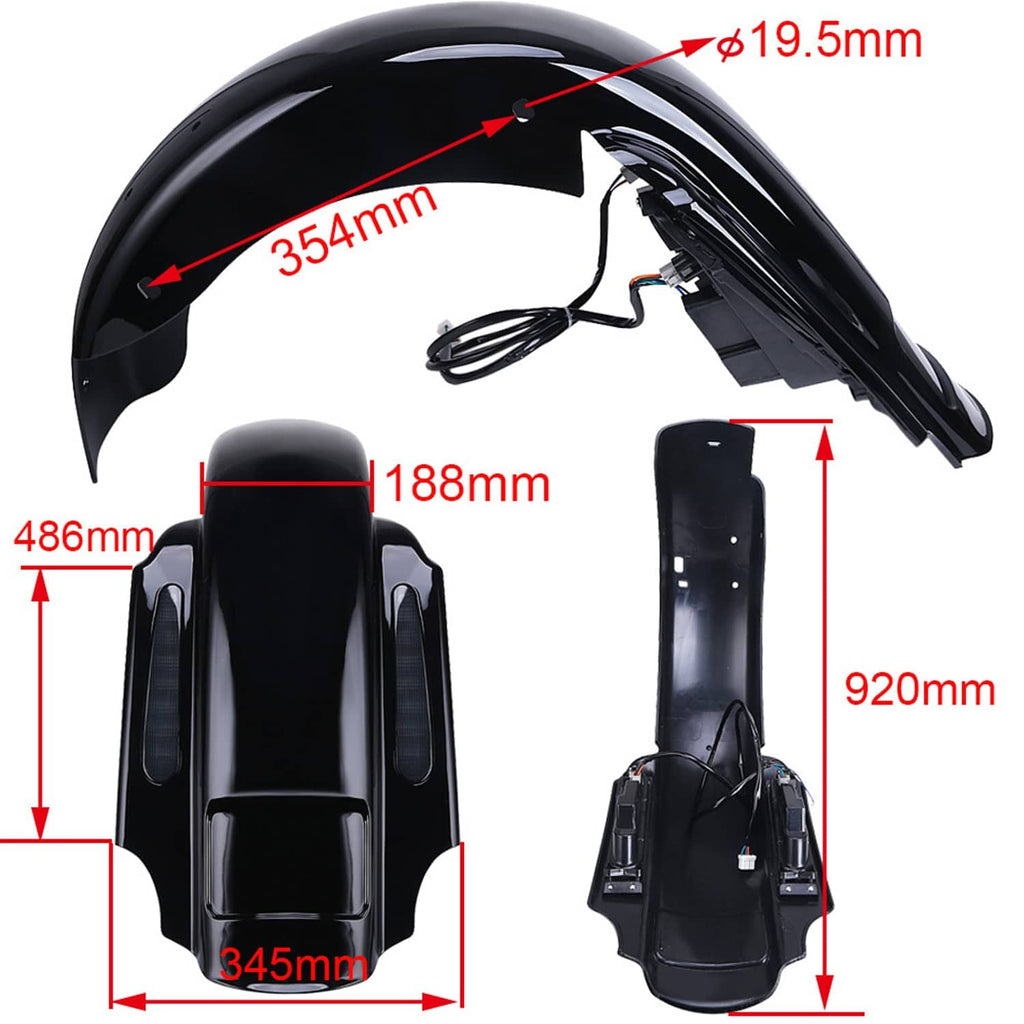 Black LED rear fender extension dimensions diagram with wiring and LED light sections