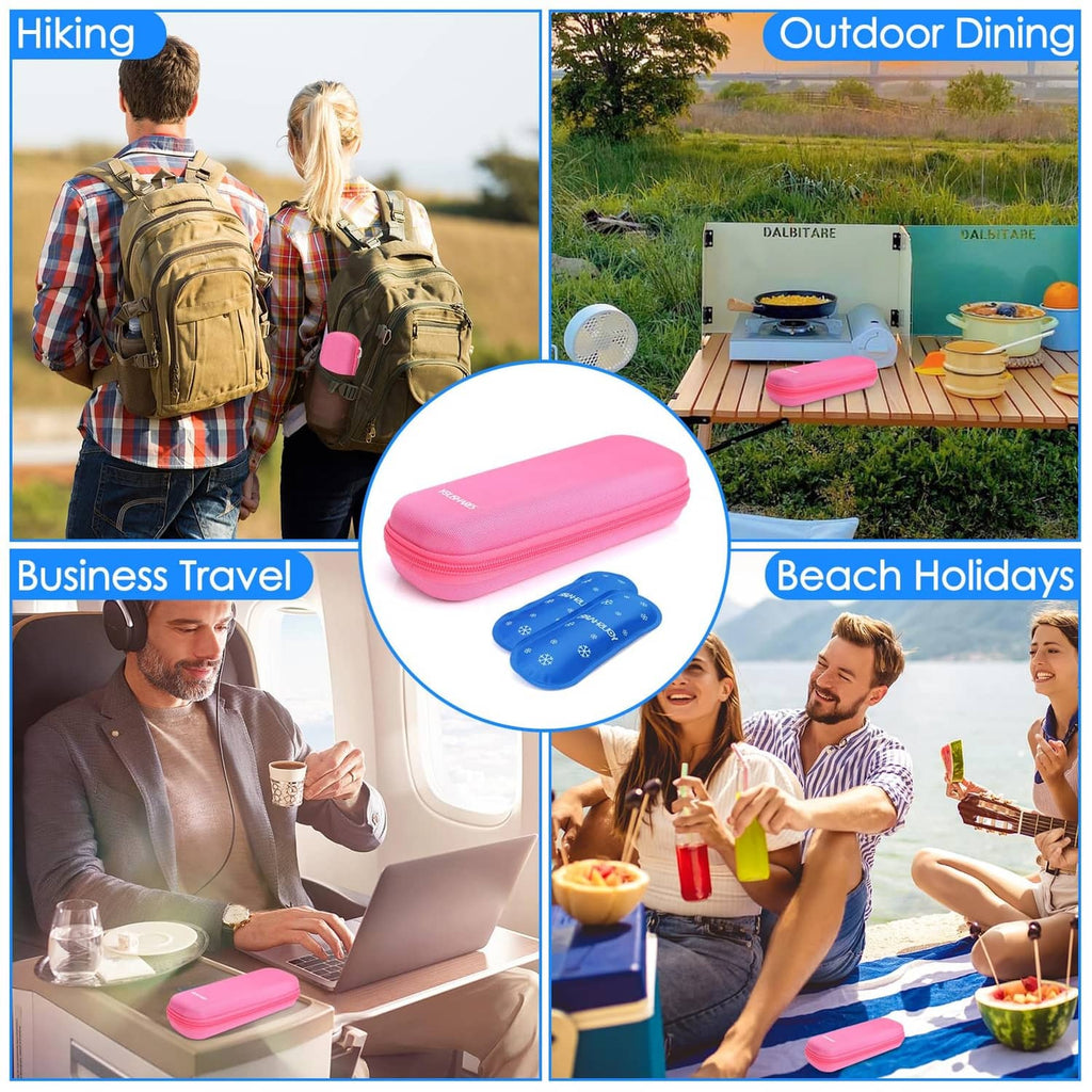 Bright pink GLP-1 cooler case with blue ice packs shown for travel