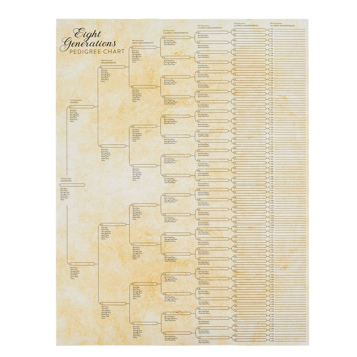 Okuna Outpost eight-generation pedigree chart on off-white paper, fill-in lines