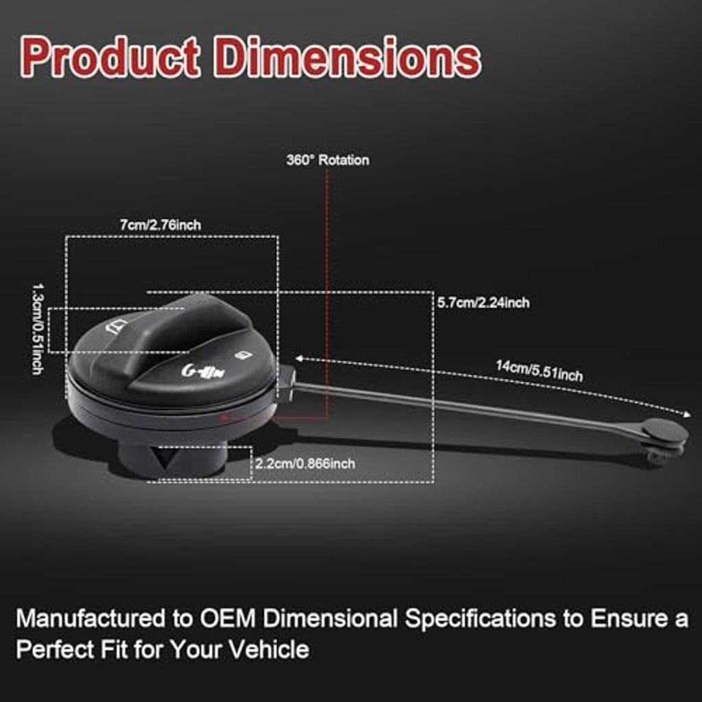 Fuel cap replacement with dimension labels and 360° rotation callout