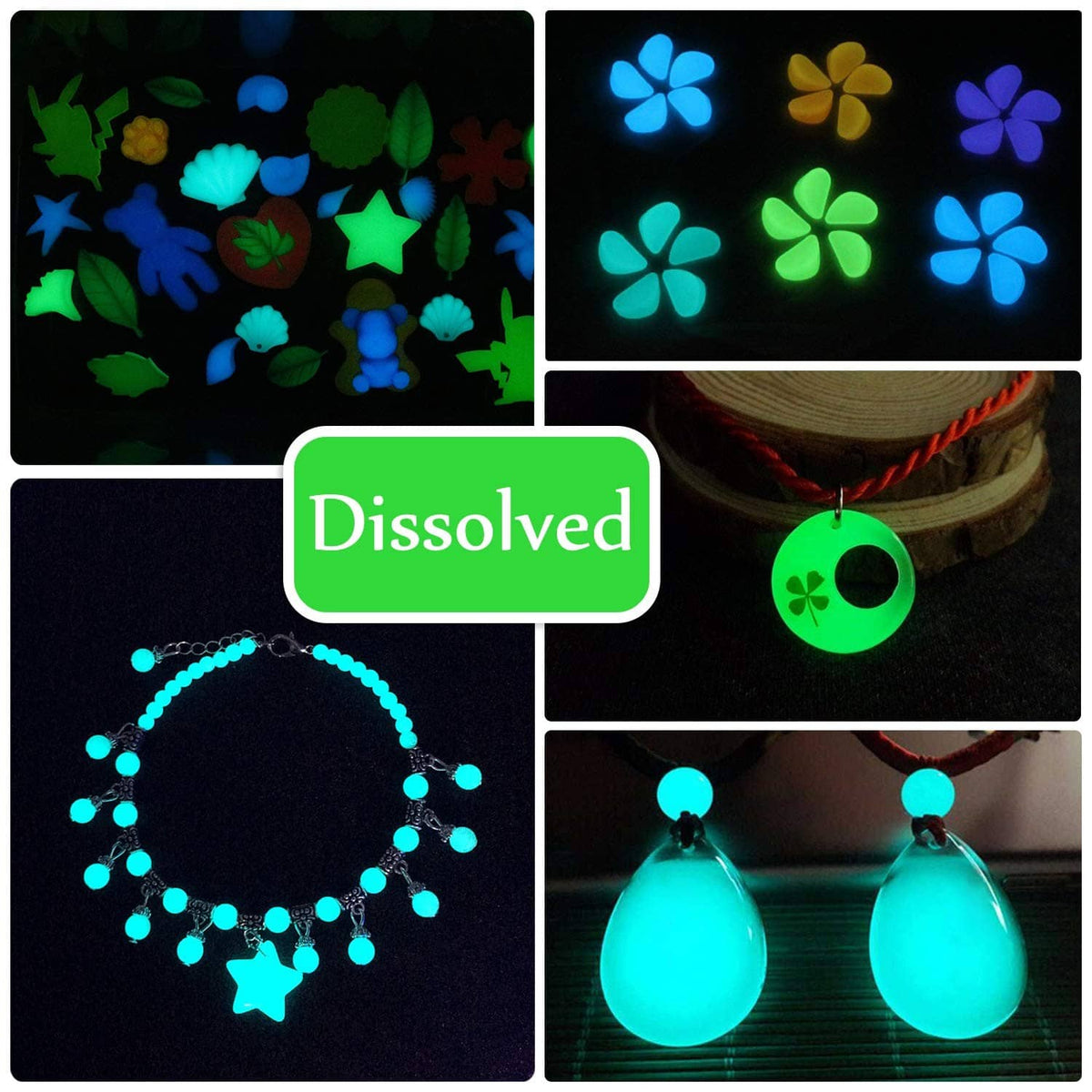 Glowing resin dye effects on star, flower, and necklace/pendant designs