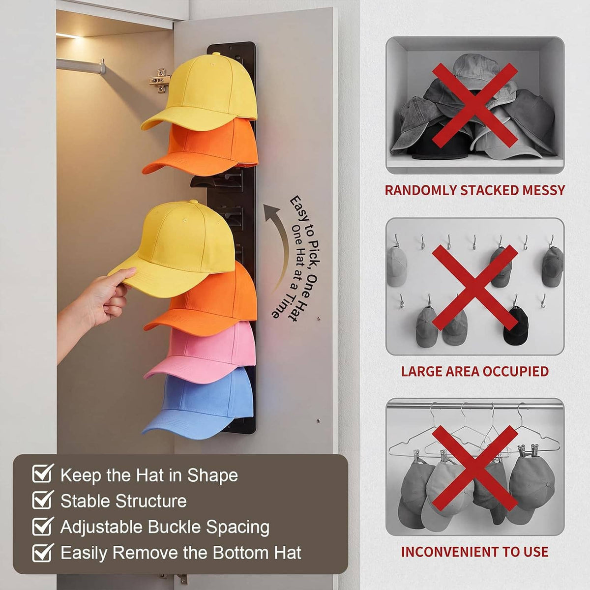 Black wall hat organizer rack storing stacked baseball caps in yellow, orange, pink, and blue