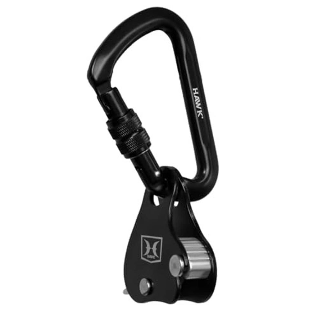 Black Hawk rope ascender carabiner, full side view with metal pulley wheel