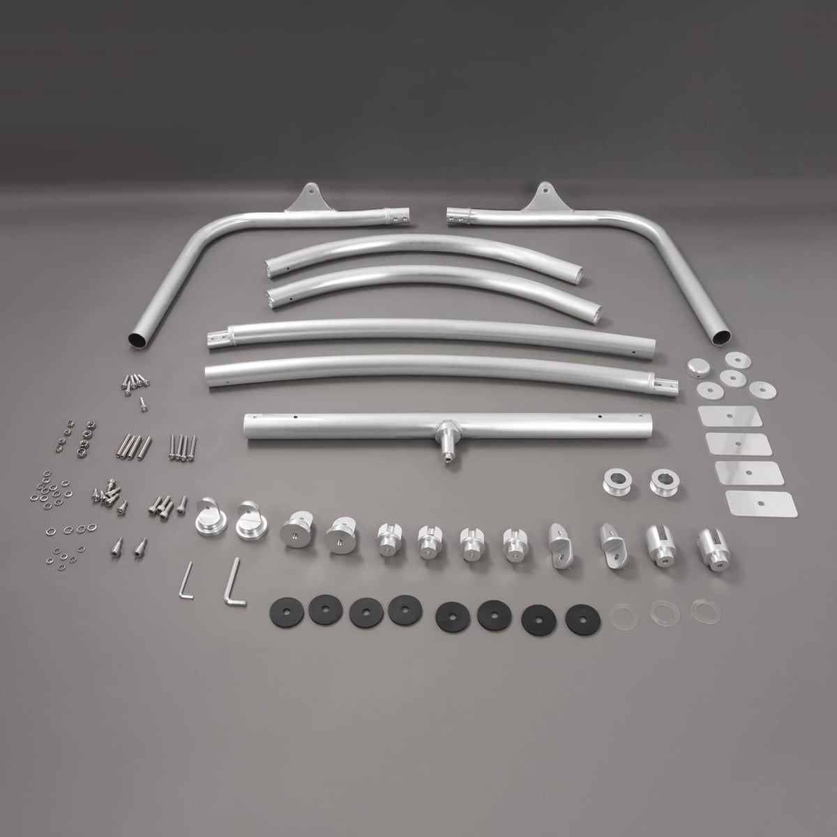 Wakeboard tower aluminum tubing kit with hardware fasteners, clamps, washers, and brackets