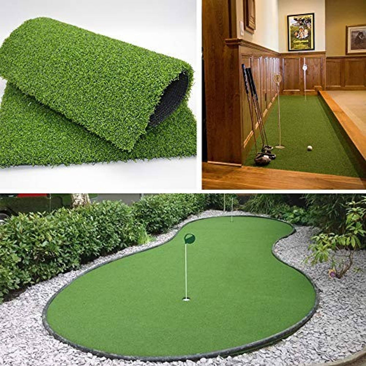 Artificial grass putting green mat installed indoors and as a round outdoor course