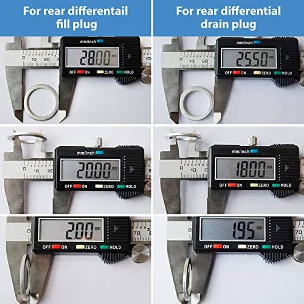 Metal rear differential plug gasket rings being measured with a digital caliper