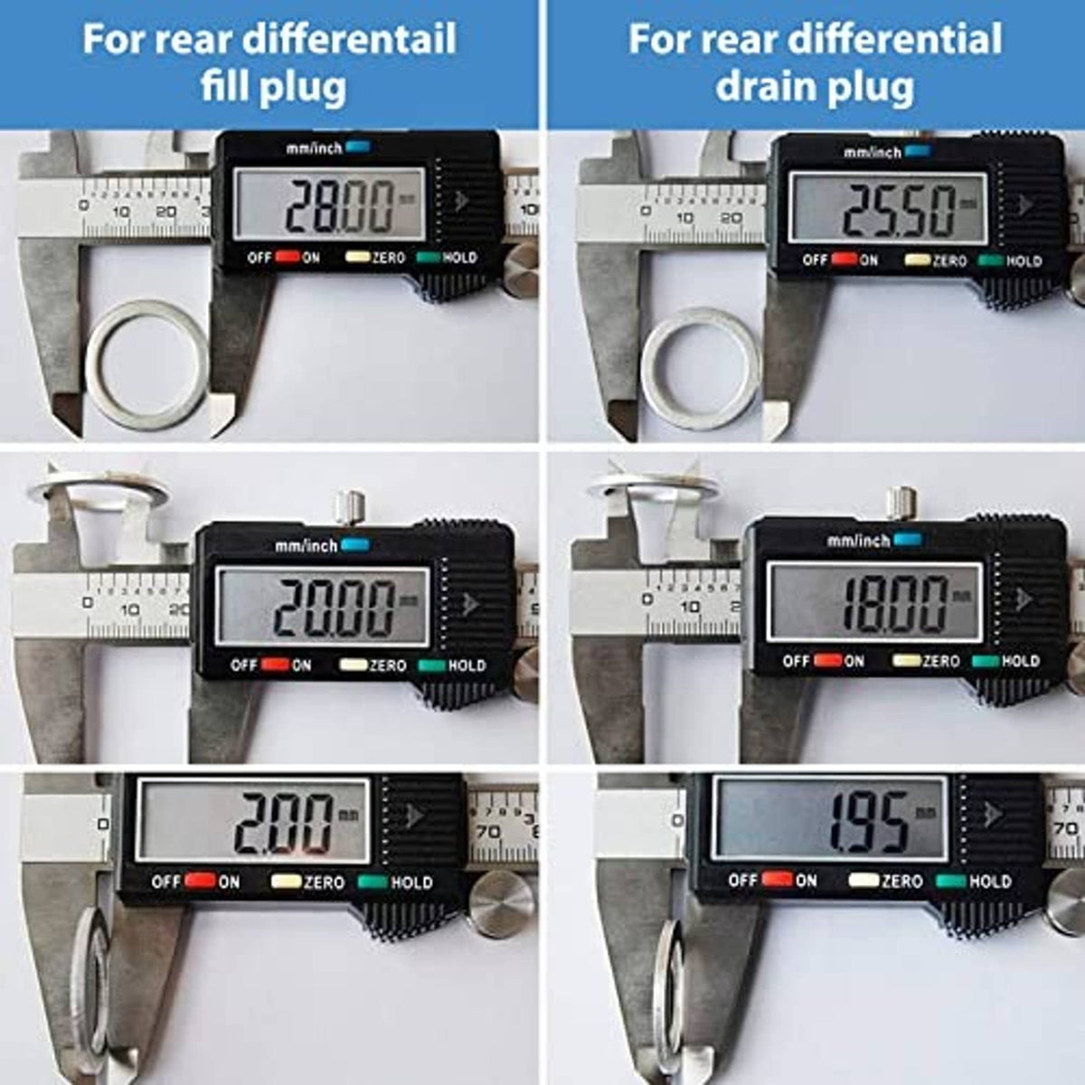 Metal rear differential plug gasket rings being measured with a digital caliper