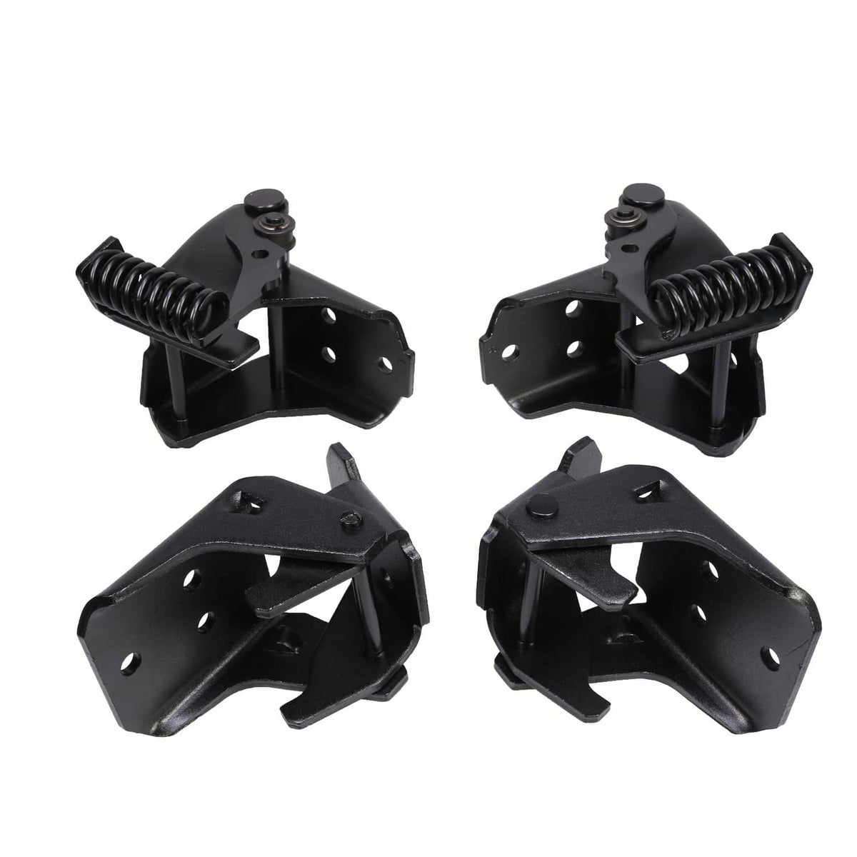 Four black door hinge brackets with coil springs and bolt mounting points