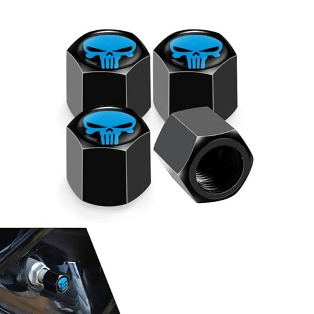 Set of 4 universal alloy valve stem caps with blue skull emblems, one close-up
