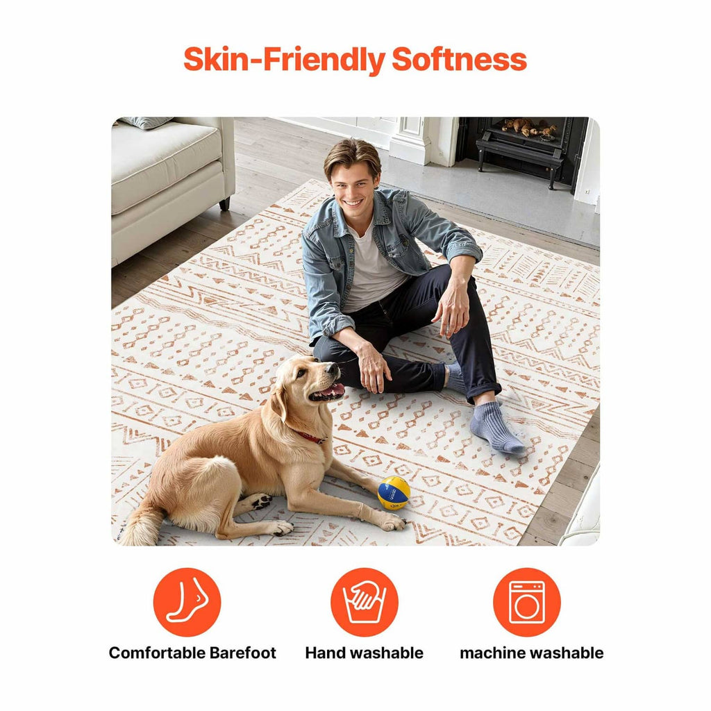 Beige geometric area rug with brown pattern in a pet-friendly living room