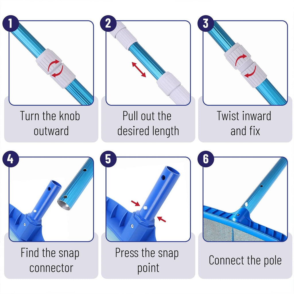 Blue telescopic pool pole showing locking steps with snap connector and twist fix