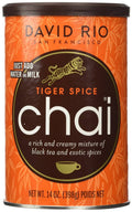 David Rio chai Tiger Spice tea canister, orange label with black chai circle and tiger graphic