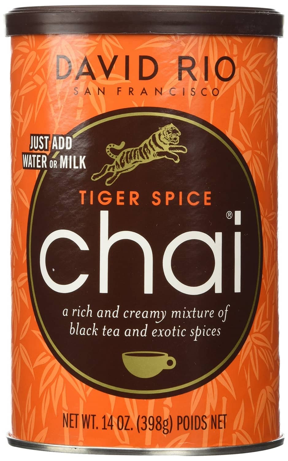 David Rio chai Tiger Spice tea canister, orange label with black chai circle and tiger graphic