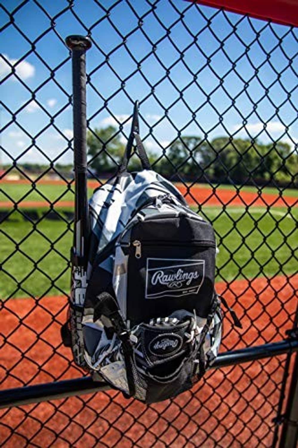 Rawlings remix youth baseball backpack, black with white panels, padded shoulder straps