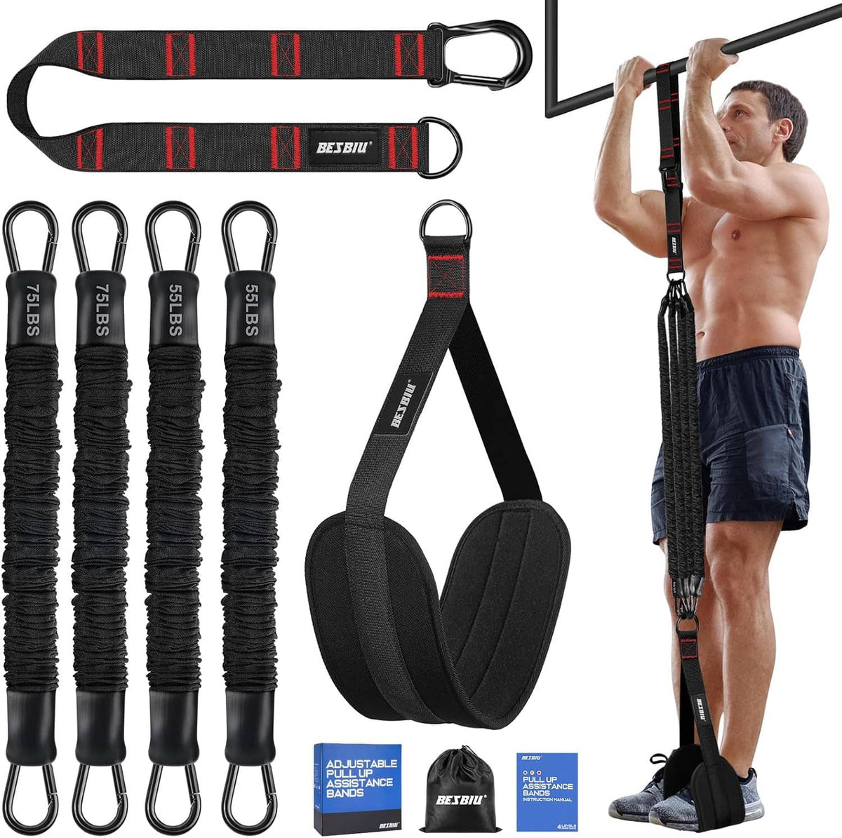 Adjustable pull-up assistance band kit with multiple resistance bands and foot strap, black/red