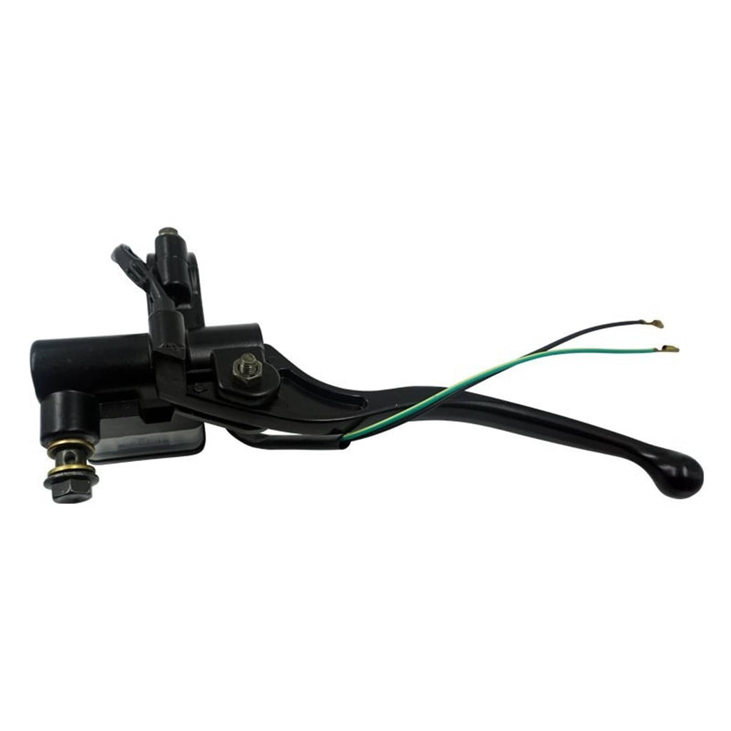 Front brake master cylinder with black lever and green/black wire leads