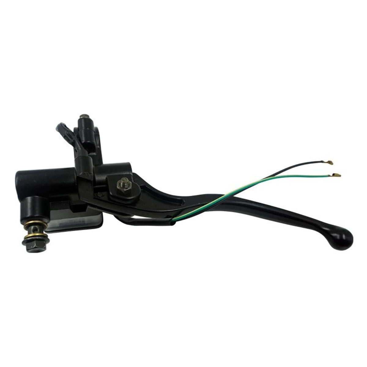 Front brake master cylinder with black lever and green/black wire leads