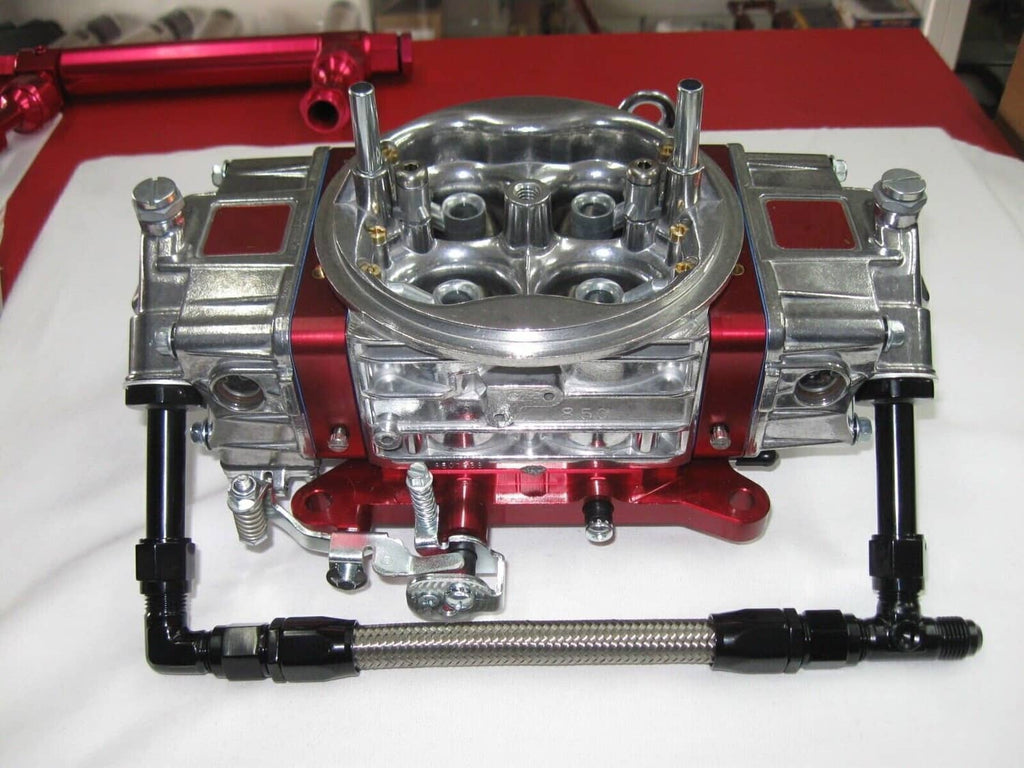 Carburetor with installed braided AN fuel line kit and black end fittings