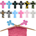 Cross-shaped silicone knitting needle point stoppers in mixed colors with yarn swatch