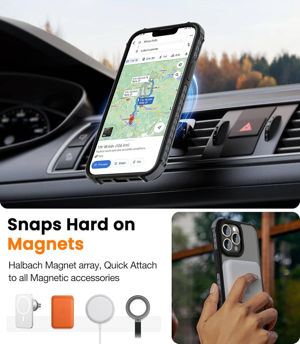 Black iPhone case with MagSafe ring, slim grip, and secure camera cutout