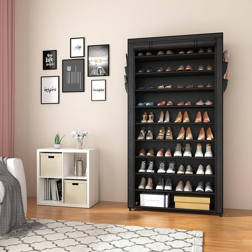 Tall black covered shoe cabinet with multiple shelves and side storage pockets