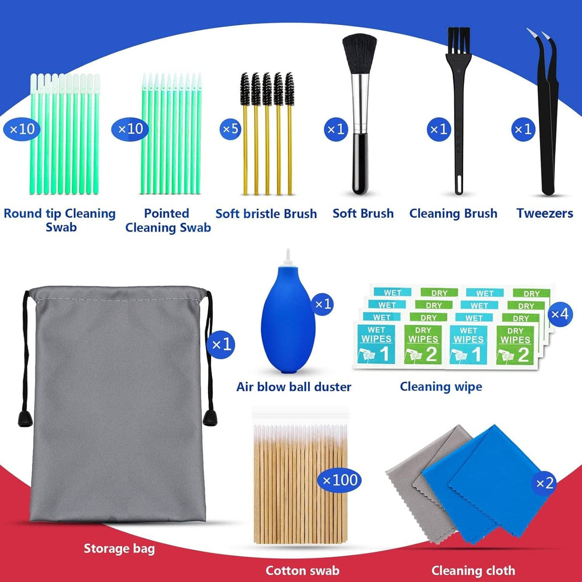 Phone cleaning tool set with storage bag, swabs, brushes, cleaning cloth, tweezers