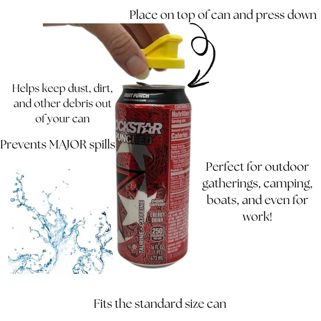 Yellow round can cover with snap-on hinged lid, hand pressing it onto a can